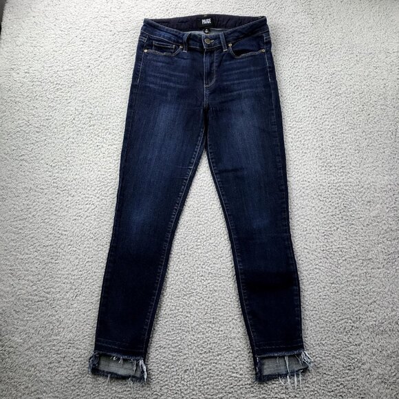 PAIGE Women's Size 26 Cut Out Frayed Hem HOXTON Dark Wash Emery Cropped Jeans - Picture 1 of 16